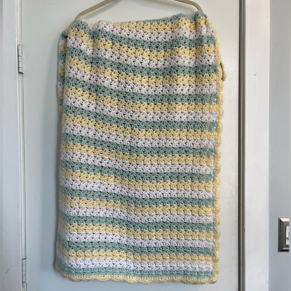 Handmade Crochet Baby Blanket in Pastel Yellow, green & White afghan knit throw